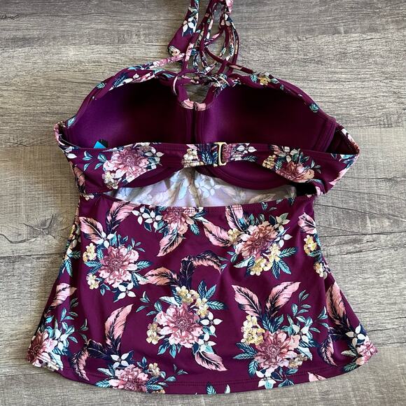 Ambrielle NEW Push Up Bandeau Floral D Cup Swim Tankini Top M/L Strappy Halter - Picture 7 of 9